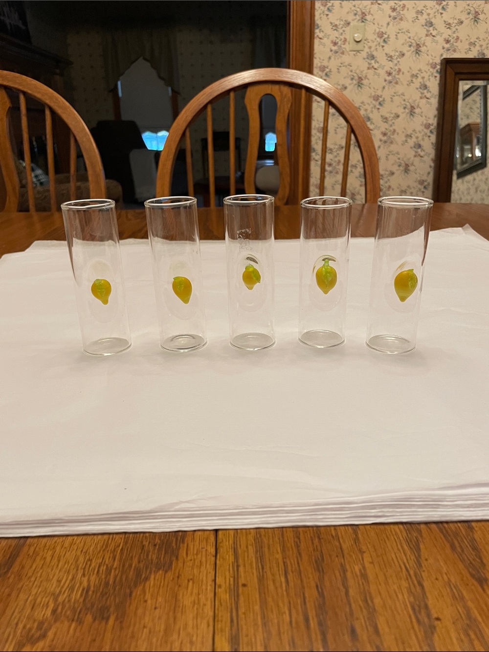 Set of 5 Clear Glass Shot Glasses with Yellow Lemon Accent